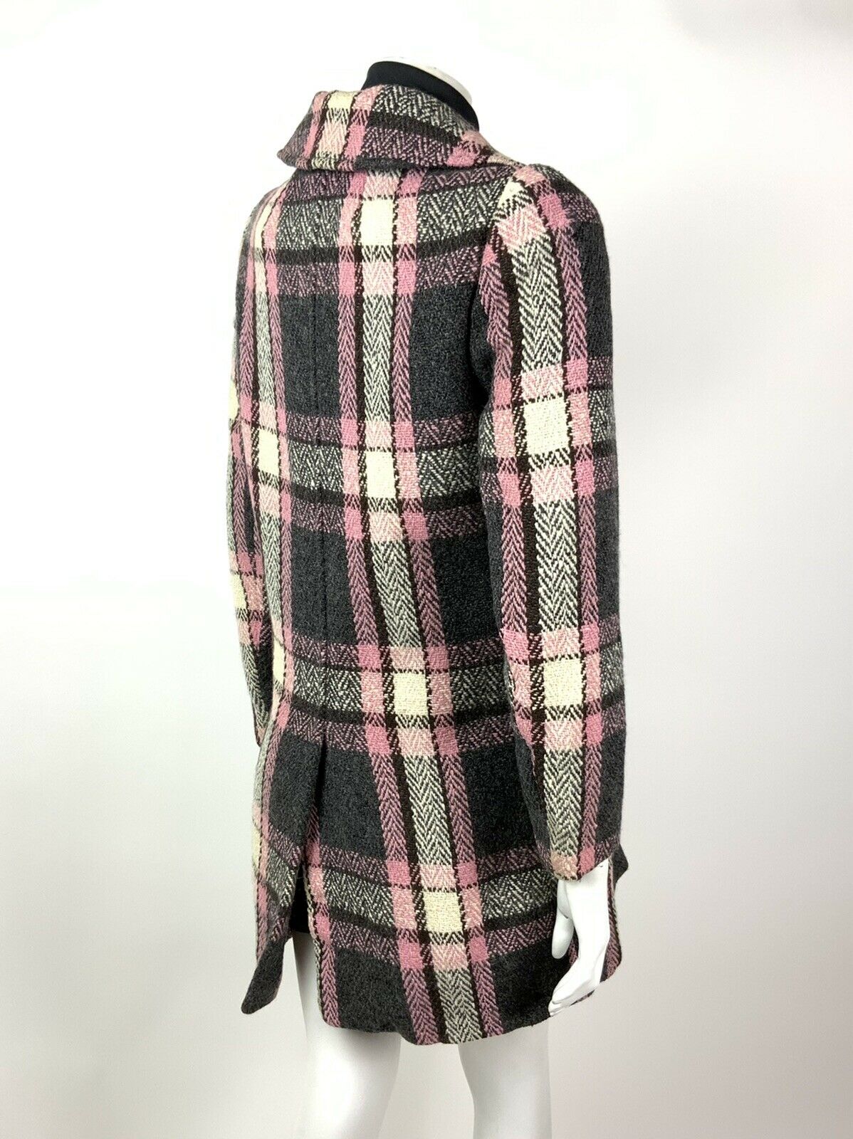 VINTAGE 60s 70s GREY SILVER WHITE BROWN PINK PLAID CHECKED MOD SWING COAT 14 16