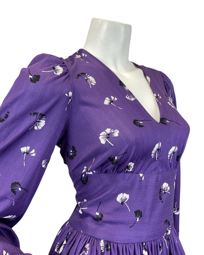 VINTAGE 60s 70s PURPLE BLACK WHITE FLORAL DANDELION LONGSLEEVE MAXI DRESS 10 12