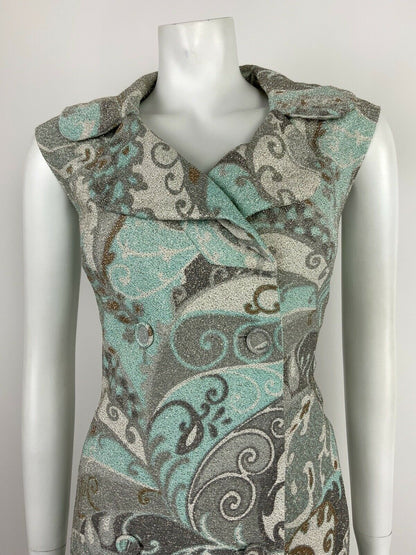 VTG 60s 70s SILVER MINT GREY WHITE GLITTER SWIRL PSYCHEDELIC COLLAR DRESS 12 14