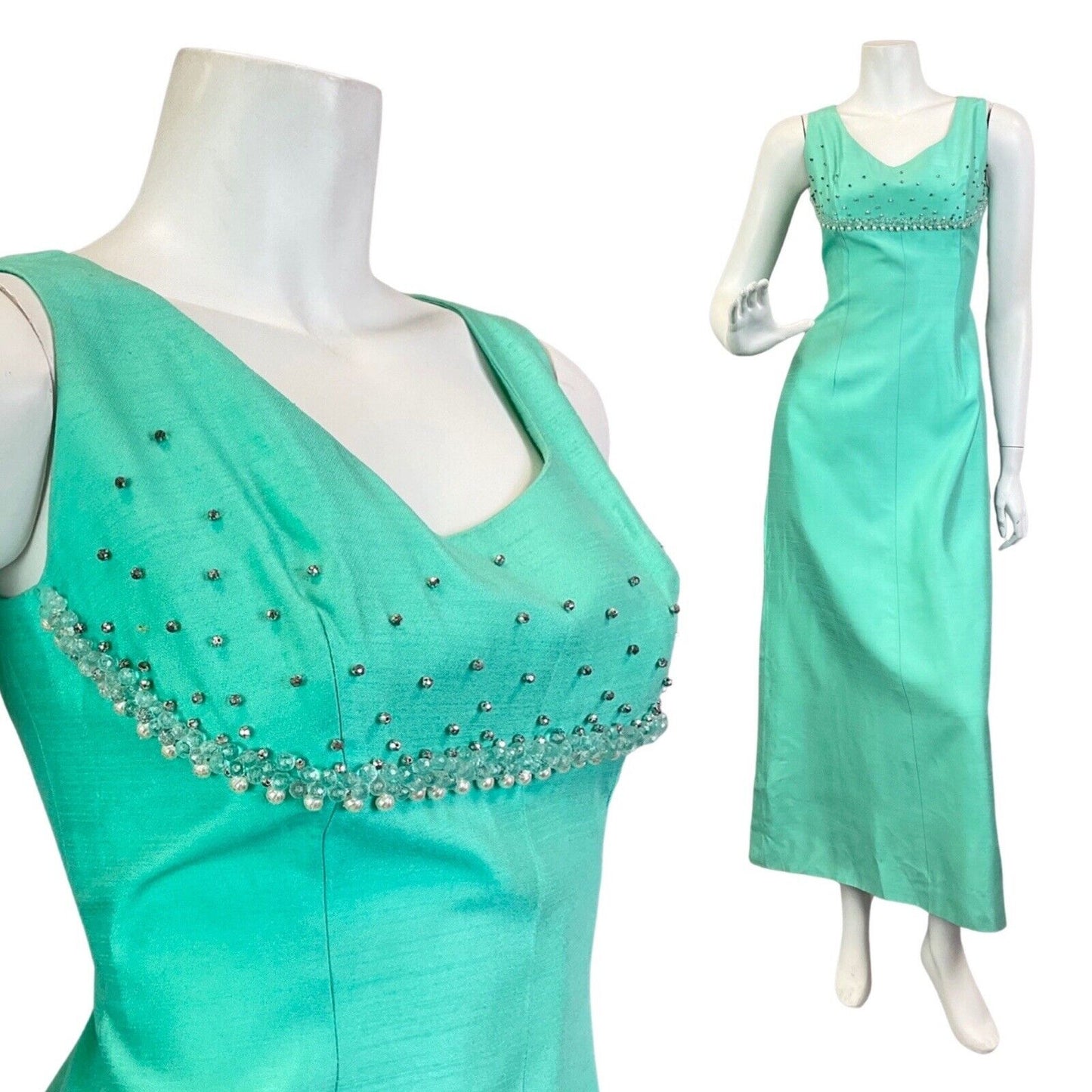 VTG 60s 70s MINT GREEN BEADED EMPIRE LINE REGENCY SLEEVELESS MAXI DRESS 8 10