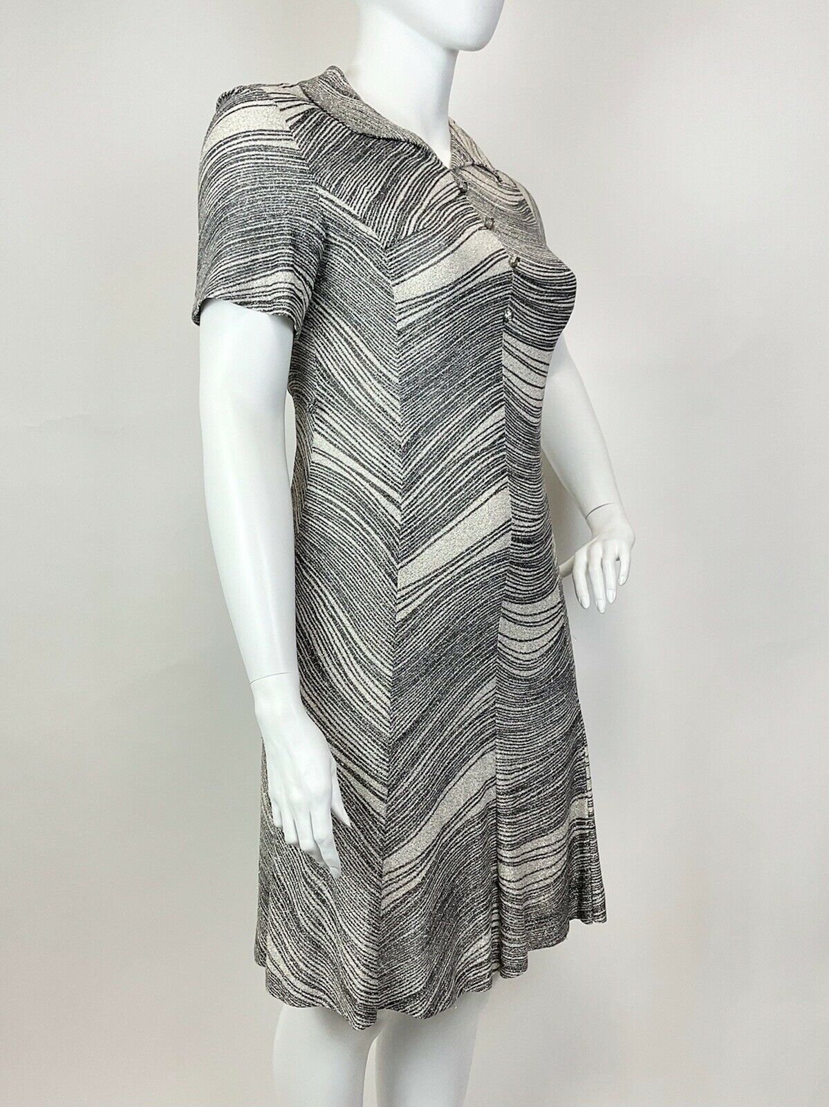 VINTAGE 60s 70s SILVER BLACK WHITE STRIPED LUREX PARTY GLAM SHIRT DRESS 16