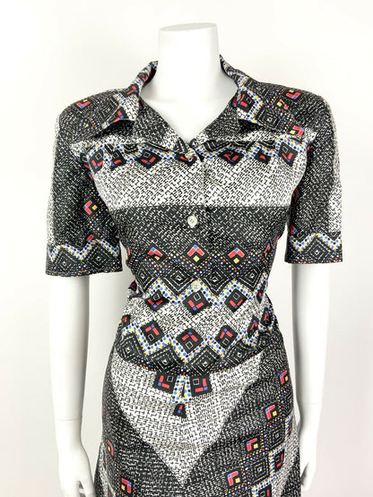 VINTAGE 60s 70s BLACK WHITE RED CROSS-HATCH GEOMETRIC DAGGER SHIRT DRESS 16 18