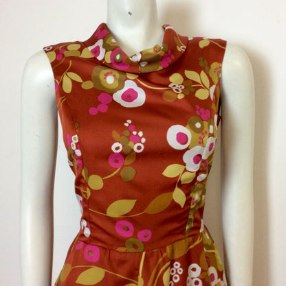 VINTAGE 1970S RUST SATEEN ABSTRACT FLORAL PRINT MAXI DRESS 10 12