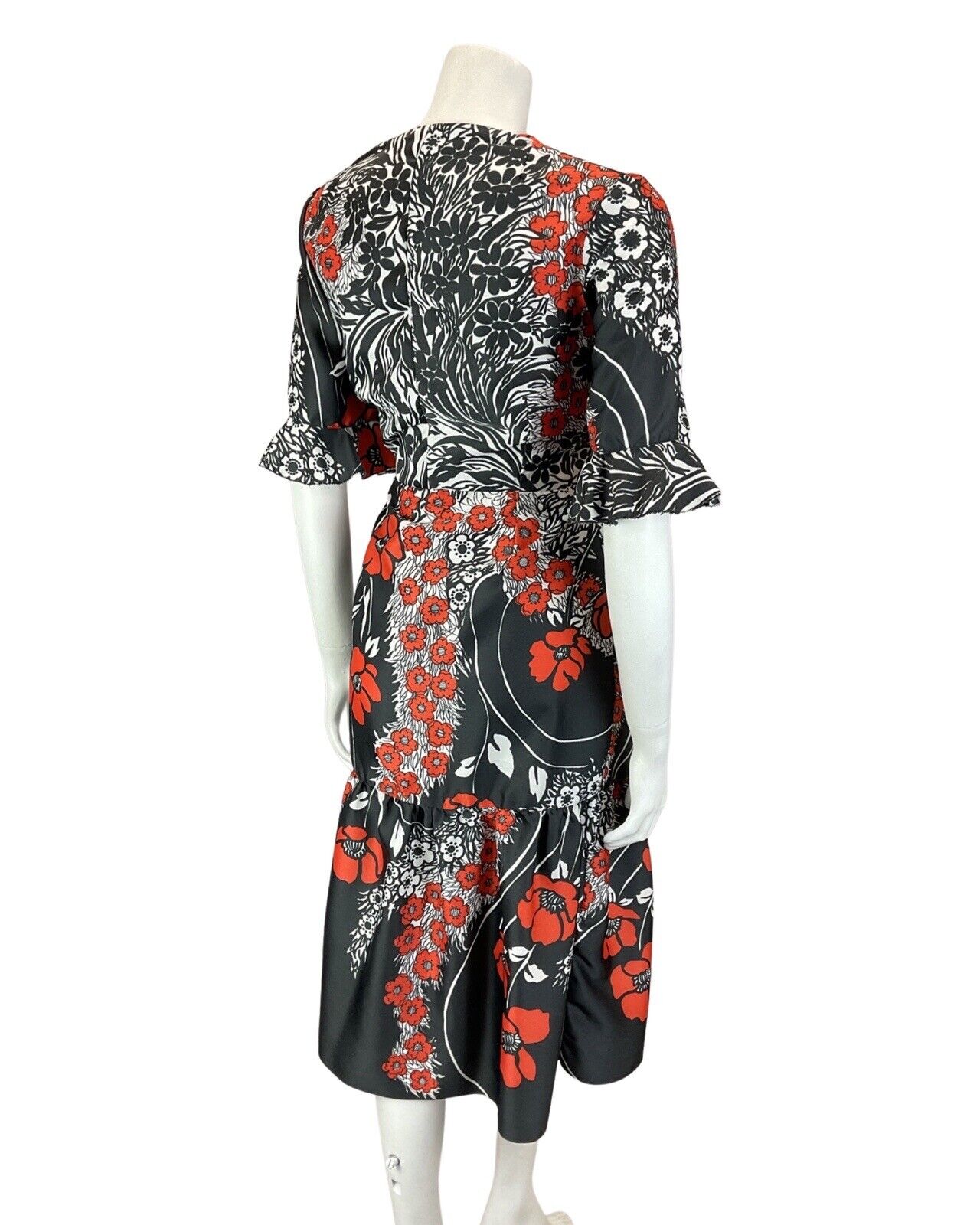 VINTAGE 60s 70s BLACK WHITE RED PSYCHEDELIC FLORAL RUFFLED SWING DRESS 10