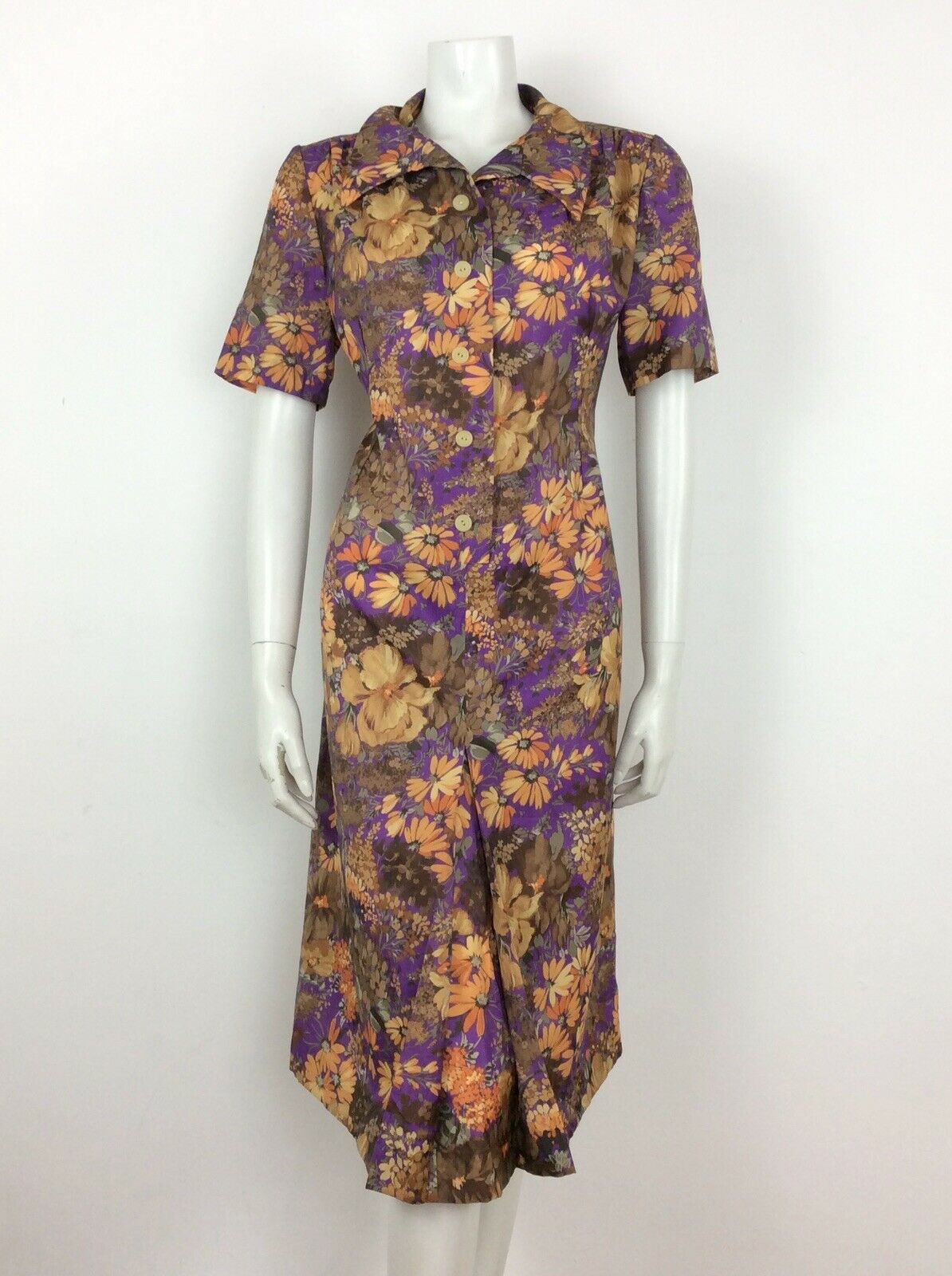 60S 70S VINTAGE BROWN PURPLE ORANGE FLORAL ABSTRACT SHIRT DRESS 14 16