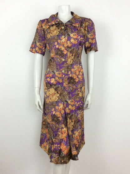 60S 70S VINTAGE BROWN PURPLE ORANGE FLORAL ABSTRACT SHIRT DRESS 14 16