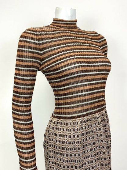 VINTAGE 60s 70s BROWN BRONZE SILVER GEOMETRIC TURTLENECK LUREX MAXI DRESS 6 8