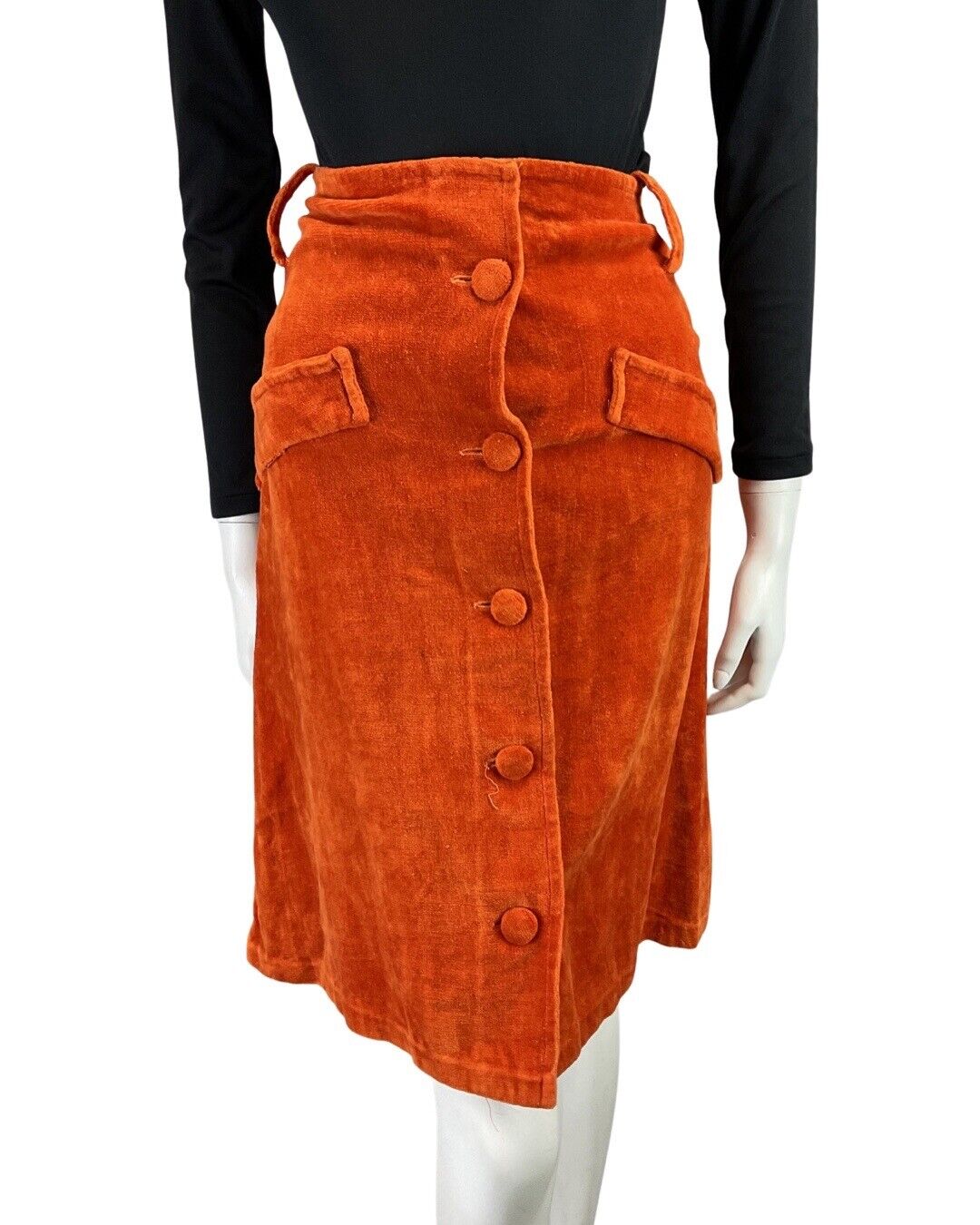 VINTAGE 60s 70s ORANGE VELVET TOWELLING MOD KNEE-LENGTH SKIRT 8