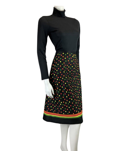 VINTAGE 60s 70s BLACK NEON GREEN ORANGE DOTTY SPOTTED MOD MIDI SKIRT 8