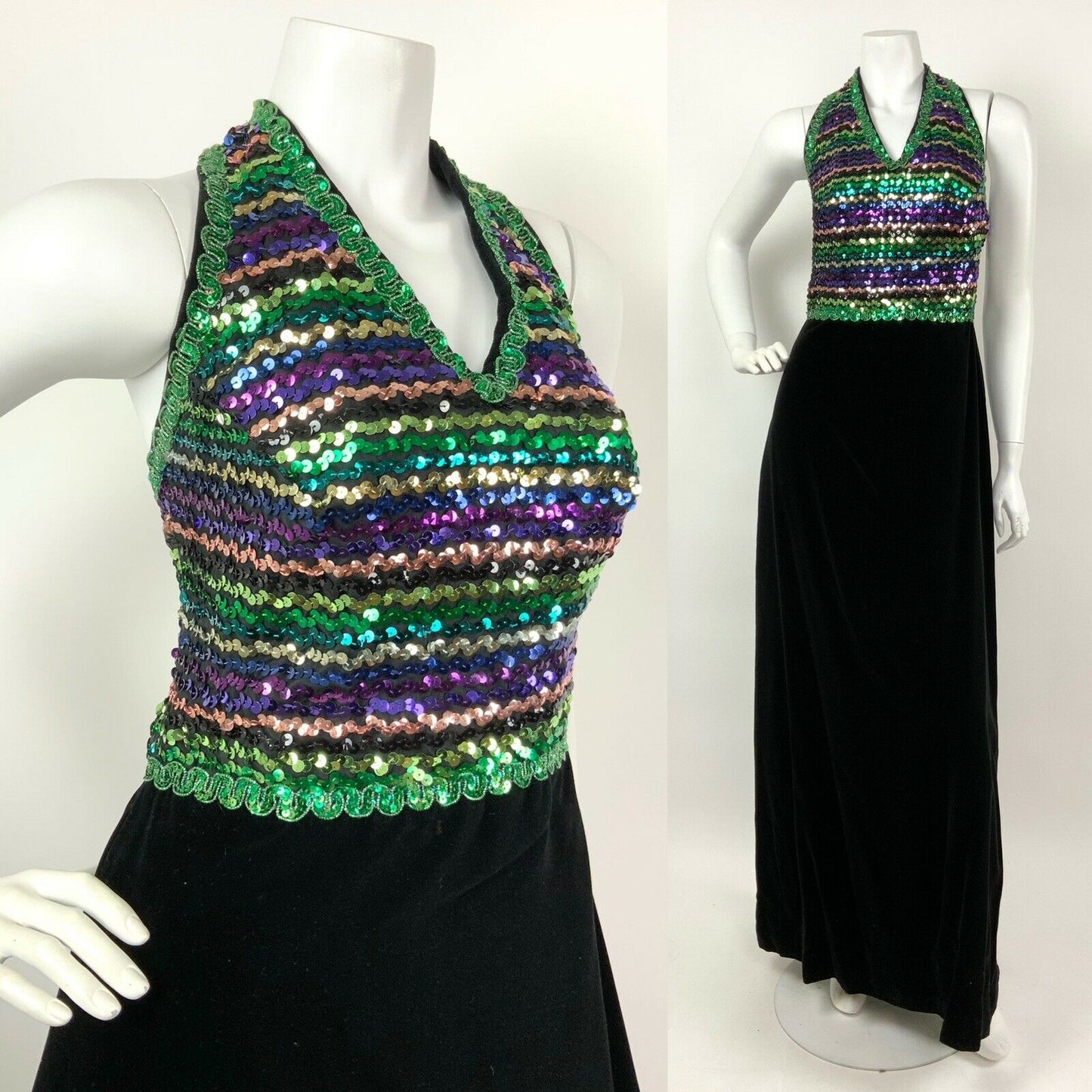 VTG 60s 70s BLACK VELVET GREEN PURPLE GOLD SEQUIN DISCO HALTER MAXI DRESS 10 12