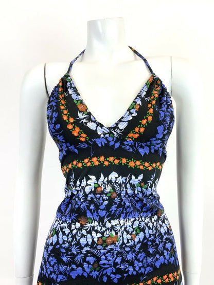 VINTAGE 60s 70s BLACK BLUE ORANGE WHITE FLORAL PSYCHEDELIC HALTER MINI DRESS 10