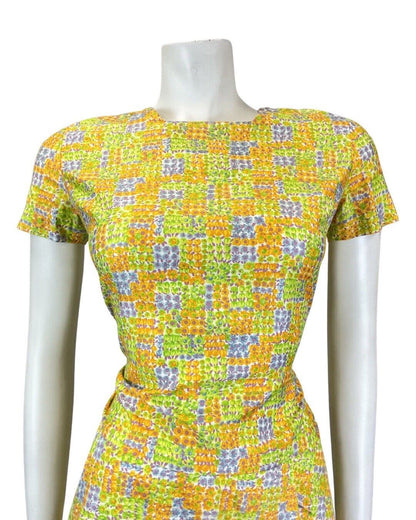 VINTAGE 60s 70s GREEN ORANGE BLUE PATCHWORK DITSY FLOWER MOD MINI DRESS 8 10