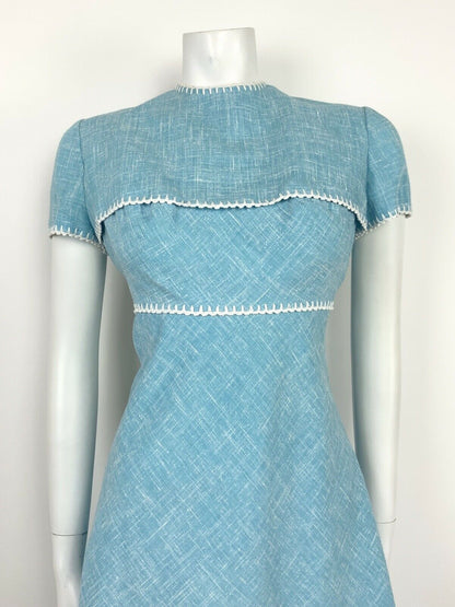 VTG 60s 70s BABY BLUE WHITE COTTON LINEN BLANKET STITCH PRINCESS LINE DRESS 10