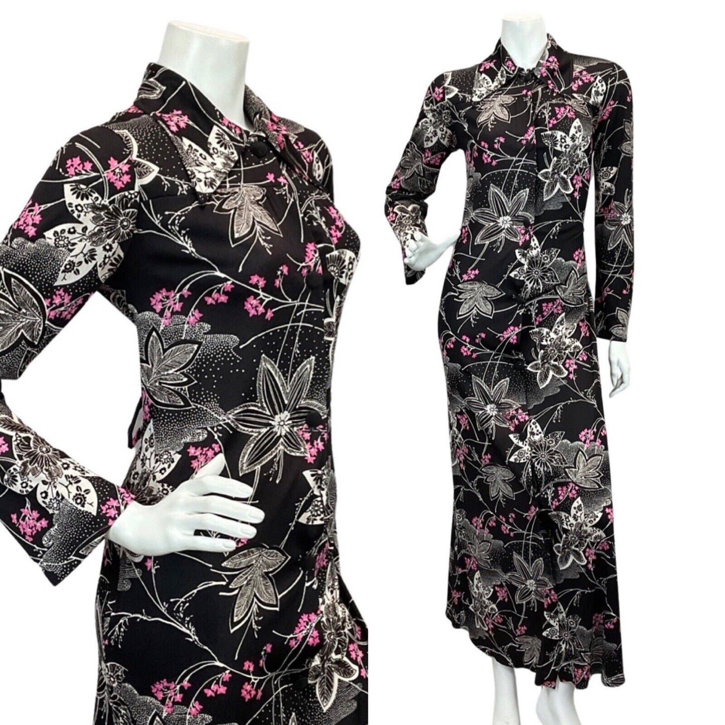 VINTAGE 60s 70s BLACK PINK WHITE FLORAL PATTERNED BUTTON DOWN MAXI DRESS 12 14