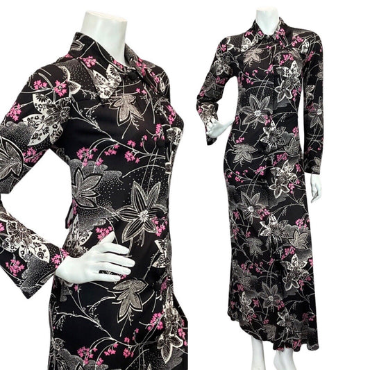 VINTAGE 60s 70s BLACK PINK WHITE FLORAL PATTERNED BUTTON DOWN MAXI DRESS 12 14