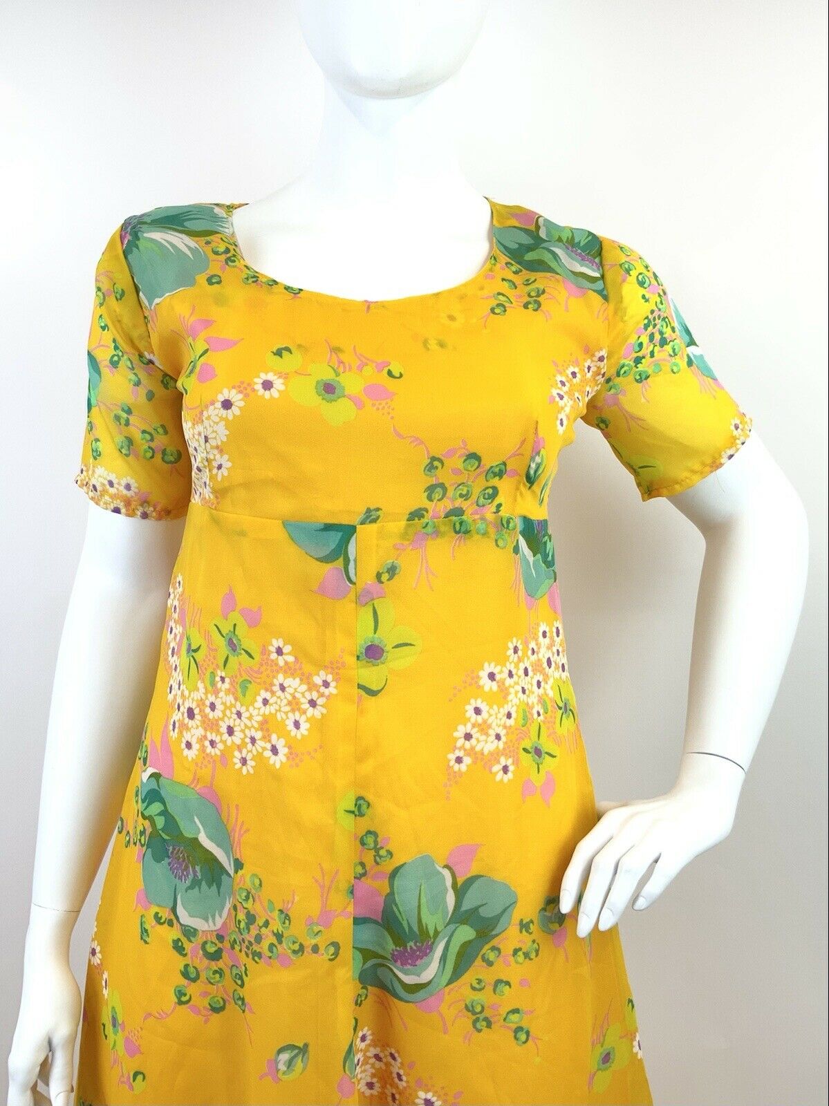 VINTAGE 60s 70s YELLOW PINK GREEN FLORAL DAISY SHEER FLOATY MAXI DRESS 16 18