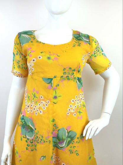 VINTAGE 60s 70s YELLOW PINK GREEN FLORAL DAISY SHEER FLOATY MAXI DRESS 16 18