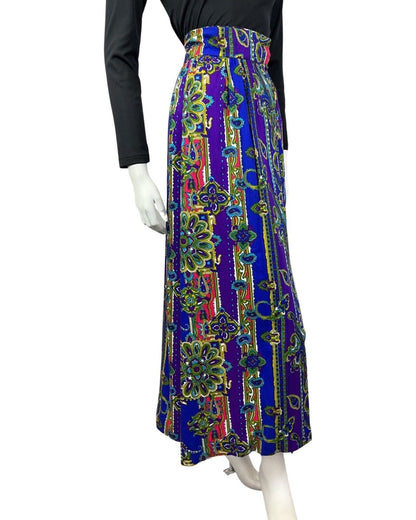 VINTAGE 70s BLUE PURPLE PINK PAISLEY FLORAL MANDALA MAXI SKIRT 8 10