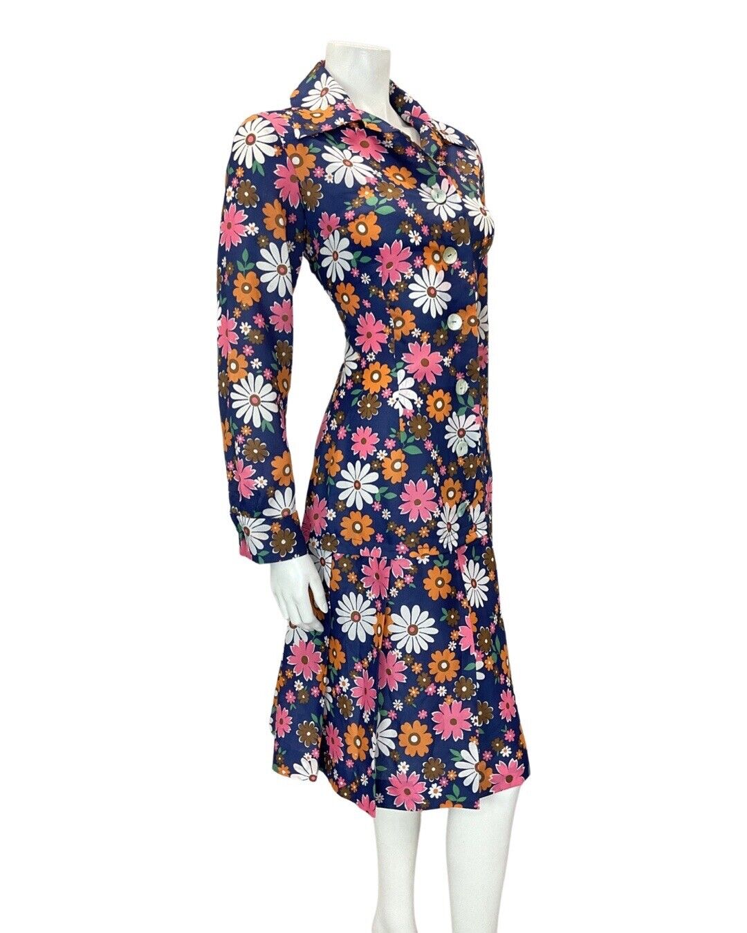 VINTAGE 60s 70s BLUE PINK ORANGE DAISY FLOWER POWER DAGGER SHIRT DRESS 10