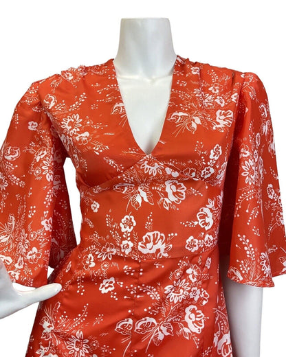 VINTAGE 60s 70s ORANGE WHITE FLORAL DOTTY BELL SLEEVE BOHO SUMMER MAXI DRESS 6