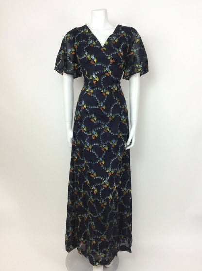 VINTAGE 60s 70s BLUE FLORAL DITSY ORANGE YELLOW GREEN SHEER MAXI DRESS 10 12