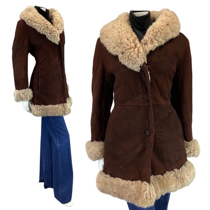 VINTAGE 60s 70s RUSSET BROWN CREAM MOD BOHO SUEDE SHEARLING COAT 14