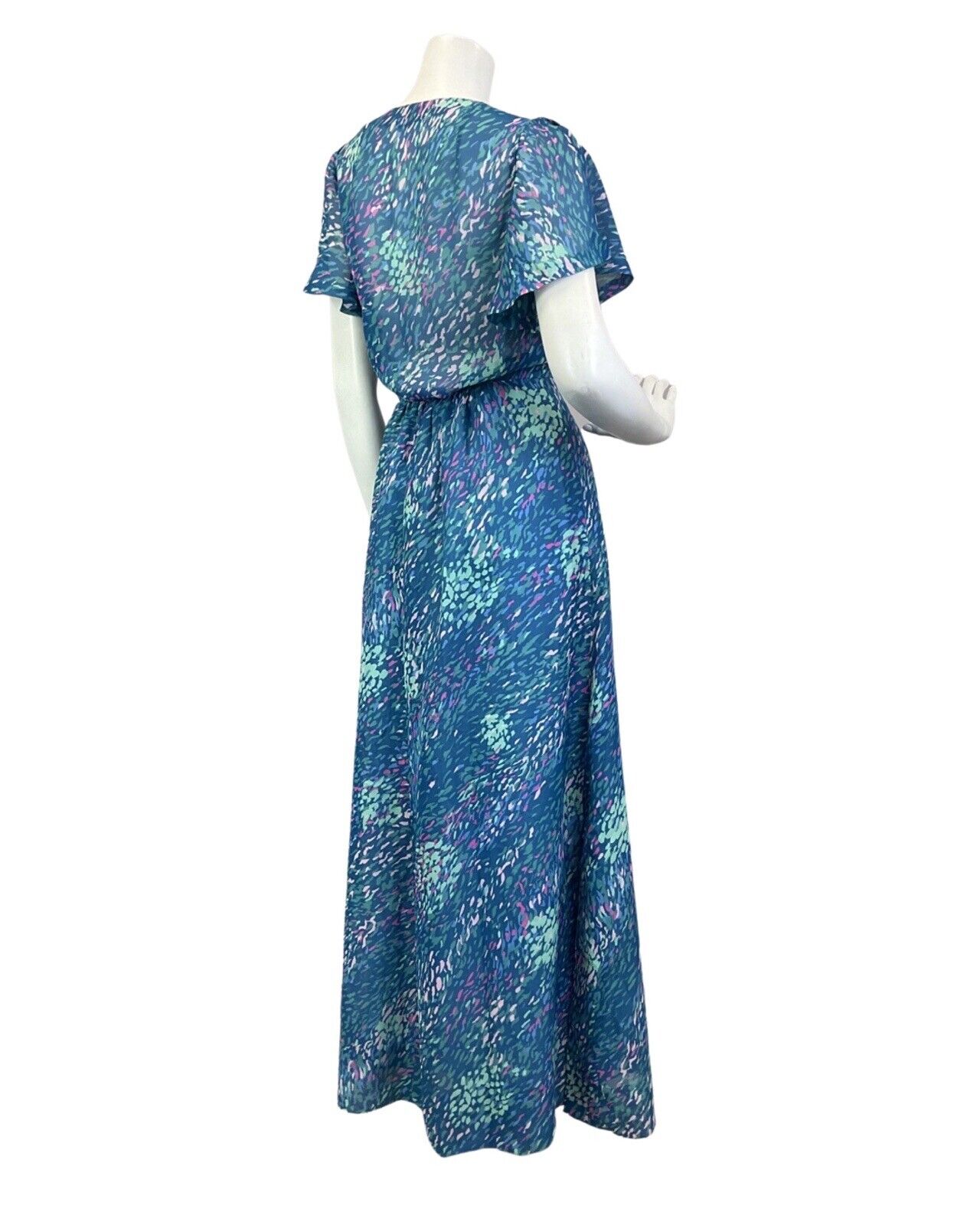 VINTAGE 60s 70s BLUE PINK GREEN ABSTRACT DASH SHEER BOHO MAXI DRESS 10