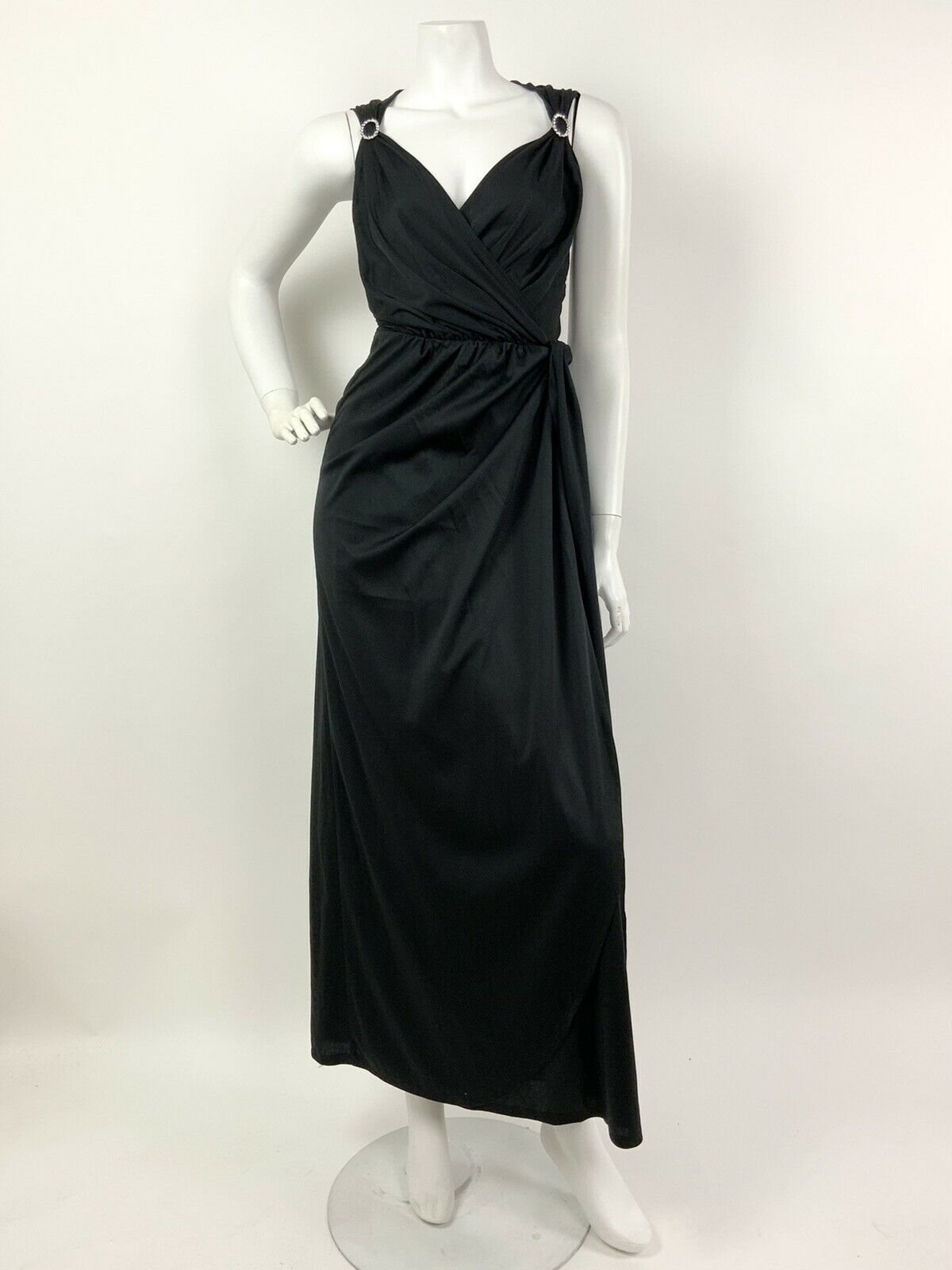 VINTAGE 60s 70s BLACK DIAMANTE PLUNGE NECK STUDIO 54 WRAP MAXI DRESS GOWN 6 8 10