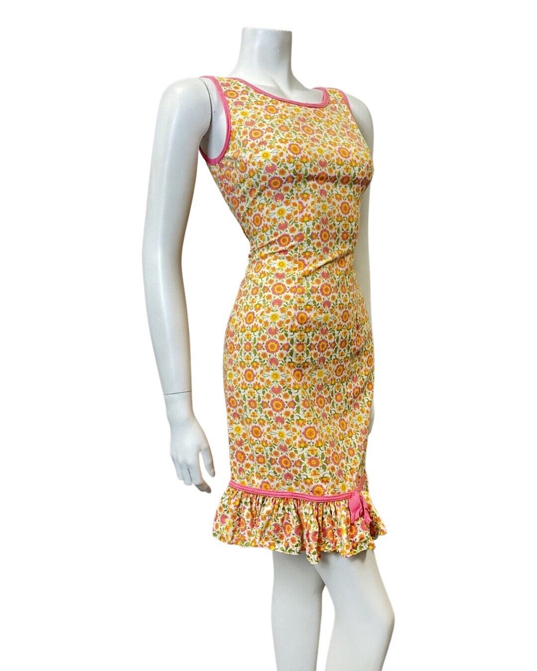 VINTAGE 60s 70s ORANGE PINK WHITE DITSY FLOWER SLEEVELESS MOD MINI DRESS 8 10