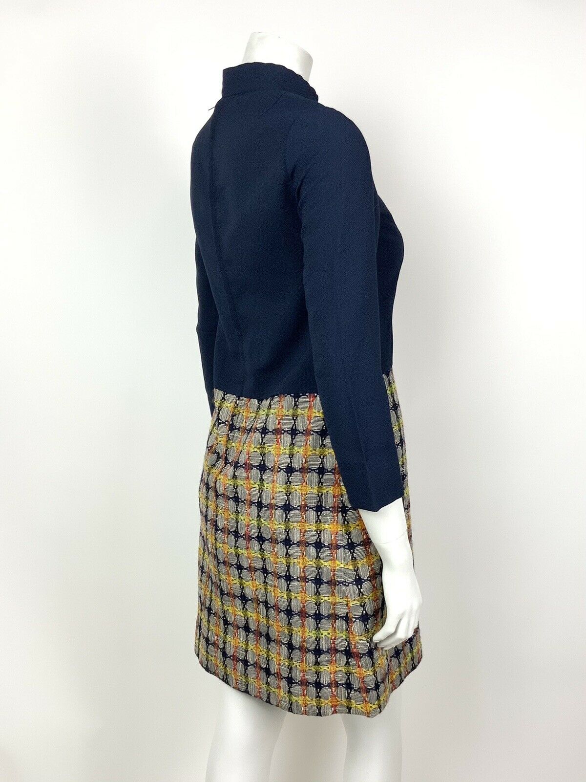 VINTAGE 60s 70s BLUE WHITE YELLOW RED CHECKED CIRCLE GEOMETRIC SHIFT DRESS 8