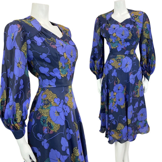 VINTAGE 60s 70s BLUE NAVY GOLD FLORAL PRINT FLOATY BOHO DISCO MOD DRESS 8