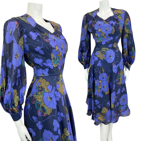 VINTAGE 60s 70s BLUE NAVY GOLD FLORAL PRINT FLOATY BOHO DISCO MOD DRESS 8