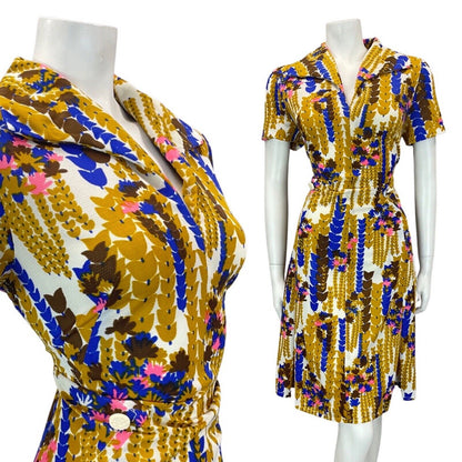 VINTAGE 60s 70s GOLD BLUE PINK FLORAL MOD WING COLLAR SHIRT DRESS 12 14