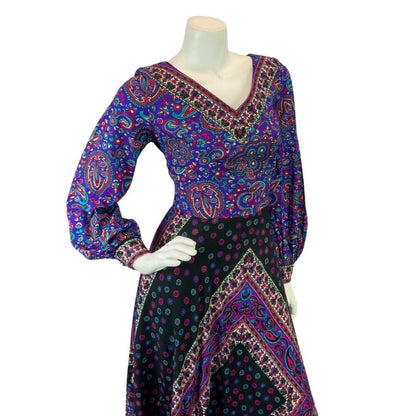 VINTAGE 60s 70s PURPLE BLACK TEAL PAISLEY FLORAL BOHO FOLK MAXI DRESS 10 12