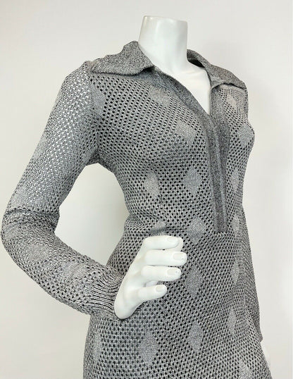 VTG 60s 70s SILVER GOLD MESH MOD DISCO STUDIO 54 DAGGER SHIRT MAXI DRESS 12 14