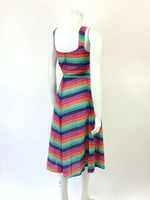 VTG 60s 70s GREEN BLUE RED RAINBOW STRIPED STRAPPY APRON SUMMER SUN DRESS 6 8