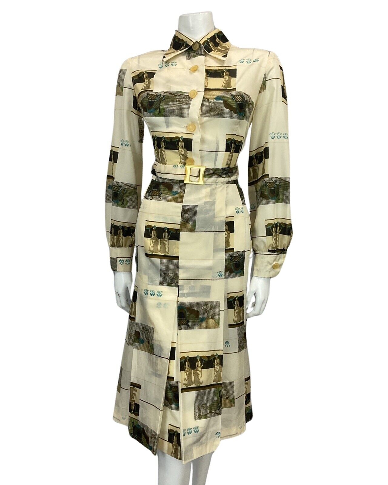 VINTAGE 60s 70s OFF WHITE BEIGE TAN NOVELTY PRINT BELTED MIDI MOD DRESS 12