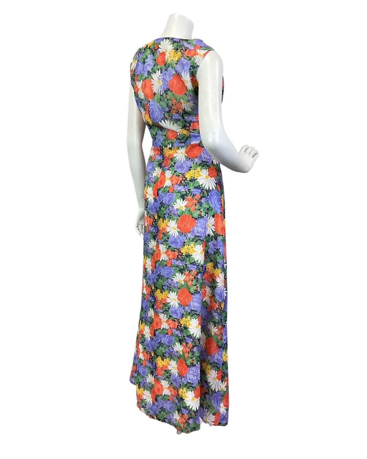 VINTAGE 60s 70s PURPLE GREEN RED ROSE DAISY FLORAL SLEEVELESS MAXI DRESS 16