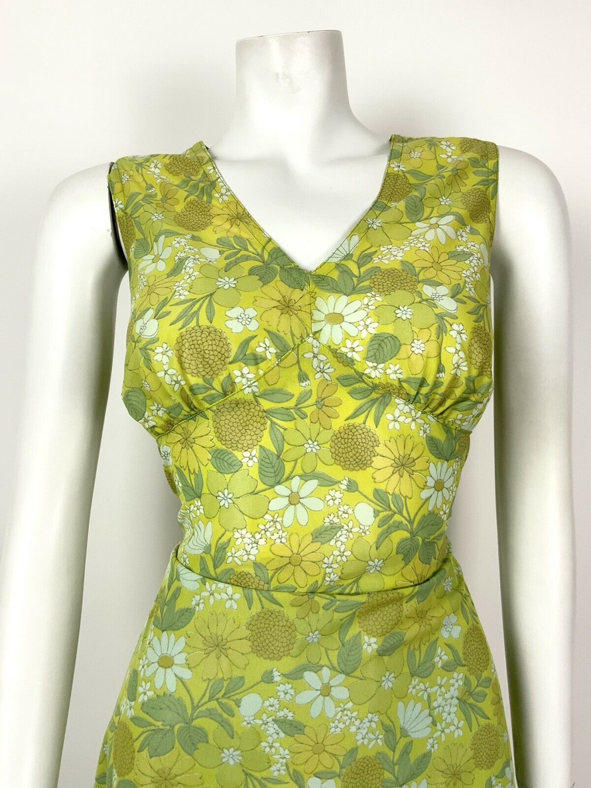 VTG 60s 70s GREEN WHITE YELLOW FLORAL DAISY BOTANICAL PSYCHEDELIC DRESS 12 14