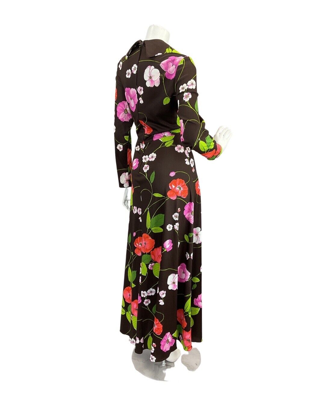 VINTAGE 60s 70s BROWN PINK GREEN FLORAL DAGGER COLLAR SHIRT MAXI DRESS 10