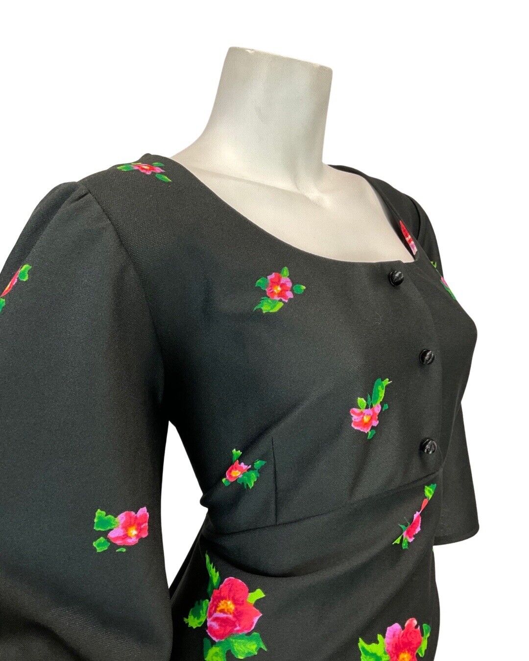 VINTAGE 60s 70s BLACK PINK GREEN FLORAL GARDEN MOD BOHO MAXI DRESS 16