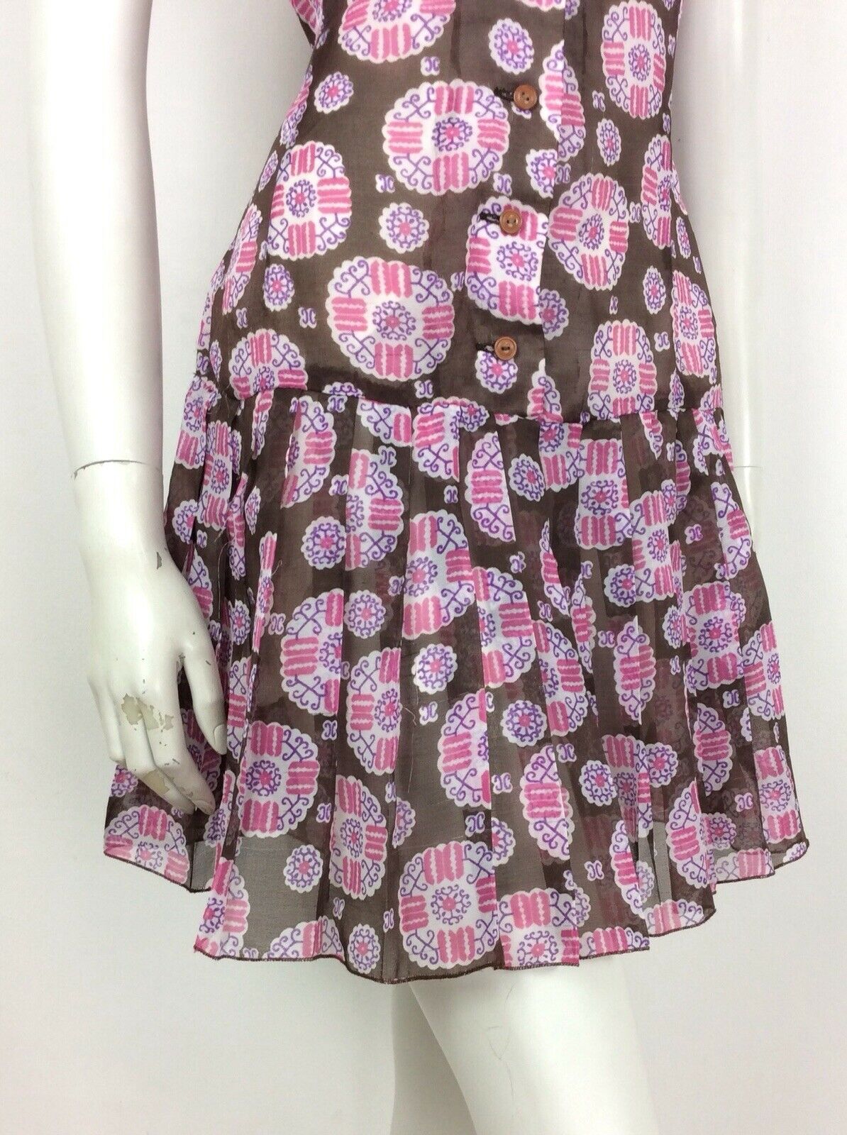 VINTAGE 60S 70S BROWN WHITE PINK PAISLEY SMOCK DRESS DROPPED PLEAT WAIST 14 16