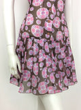 VINTAGE 60S 70S BROWN WHITE PINK PAISLEY SMOCK DRESS DROPPED PLEAT WAIST 14 16