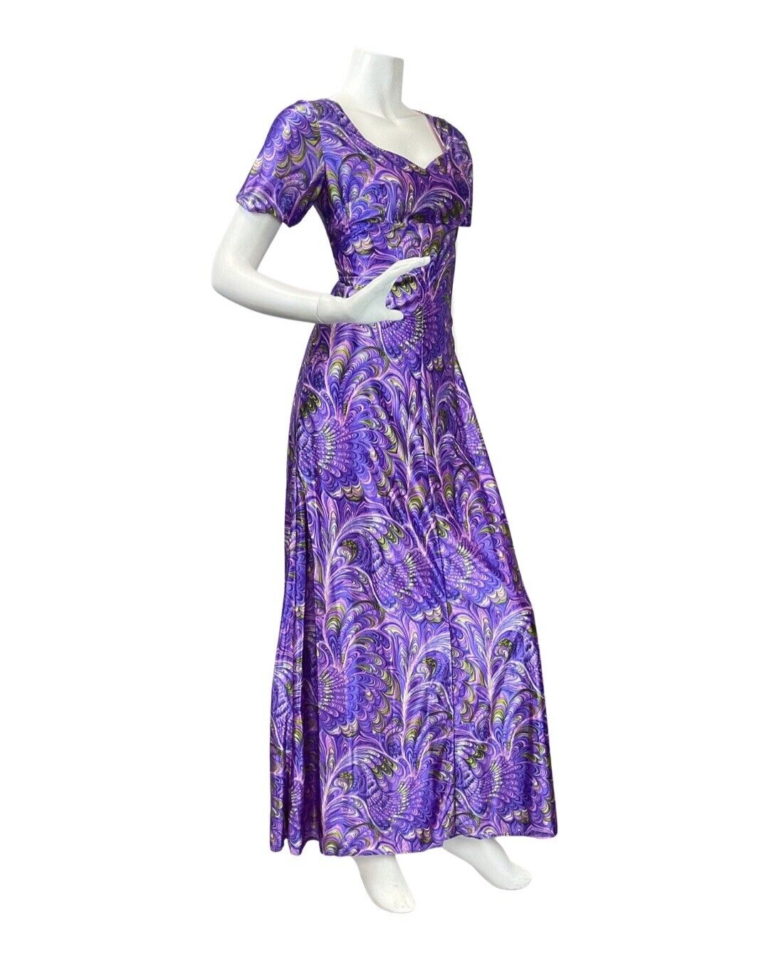 VINTAGE 70s PURPLE PINK BLUE PSYCHEDELIC FEATHER NOUVEAU EMPIRE MAXI DRESS 10