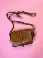 VINTAGE 60S 70S TAN STAMPED LEATHER MINI SATCHEL BAG WESTERN