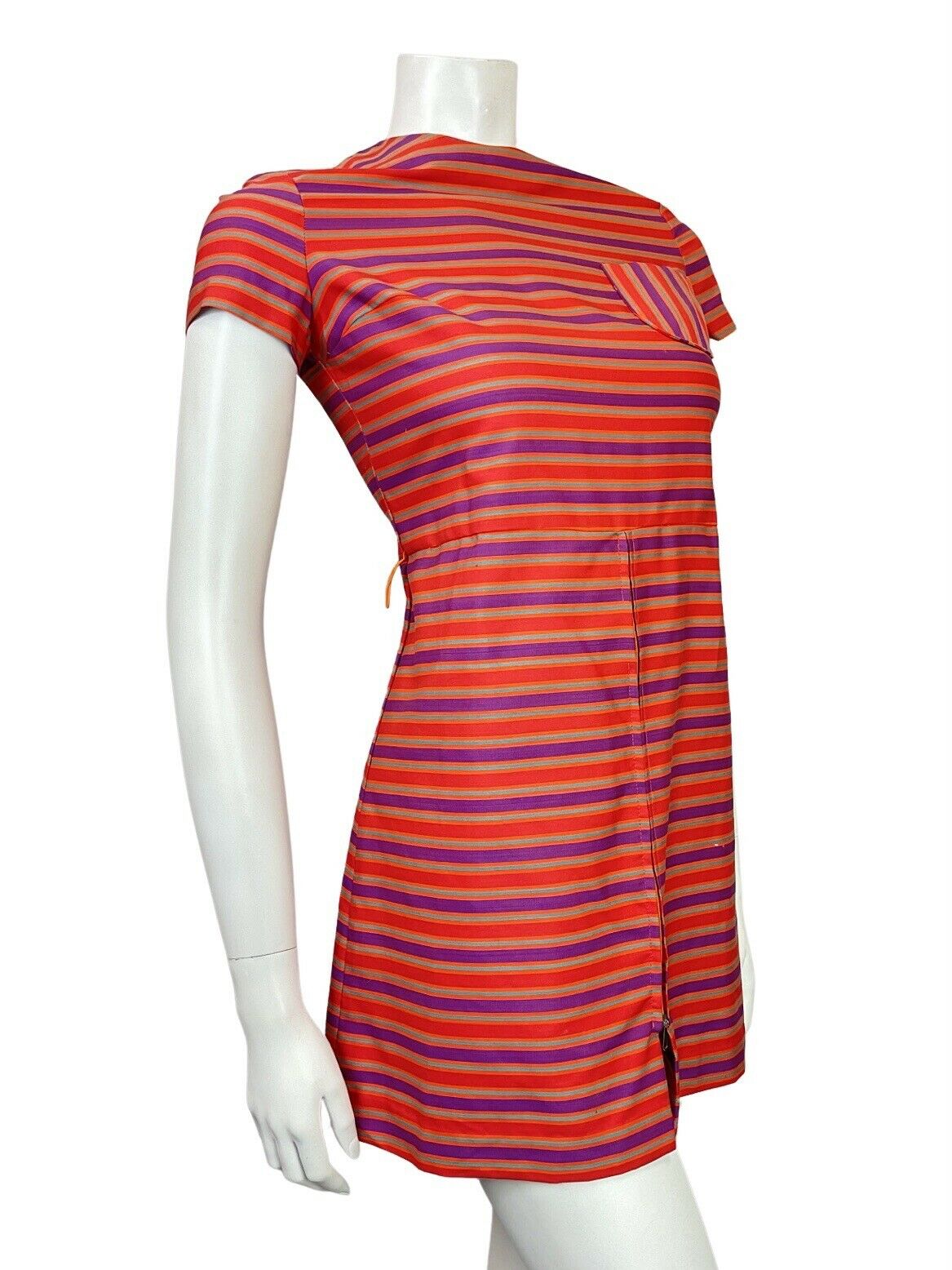 VINTAGE 60s 70s RED PURPLE BLUE STRIPED MOD SHIFT MICRO-MINI DRESS 6