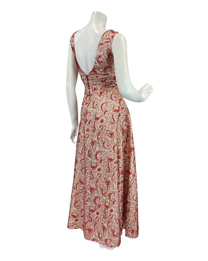 VINTAGE 60s 70s RED GOLD LUREX PSYCHEDELIC FLORAL STUDIO 54 GLAM MAXI DRESS 12