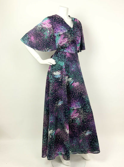 VTG 60s 70s BLACK PINK GREEN PURPLE ABSTRACT SHEER CAPE SLEEVE MAXI DRESS 12 14