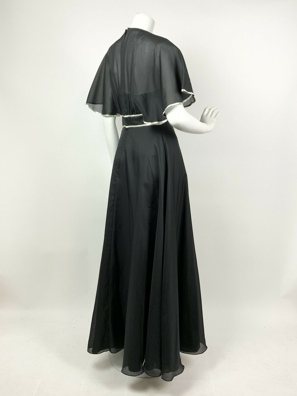 VINTAGE 60s 70s BLACK WHITE SHEER CAPE SLEEVE FLORAL ROSETTE MAXI DRESS 8 10