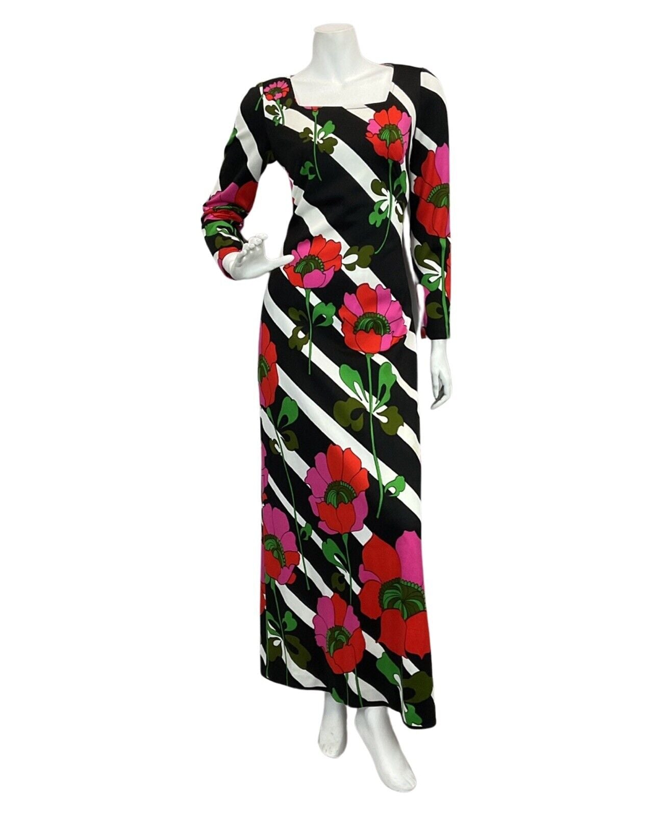 VTG 60s 70s BLACK WHITE STRIPED ROSE FLORAL PRINT MAXI MOD DRESS 10 12